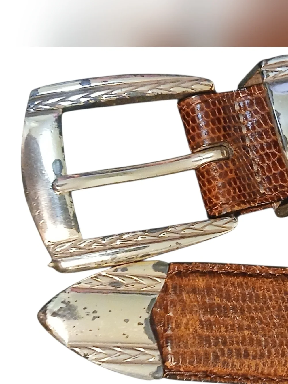 Brighton -Men's Brown Leather Belt, Geometric Pattern Bohemian Type Buckle 40 in